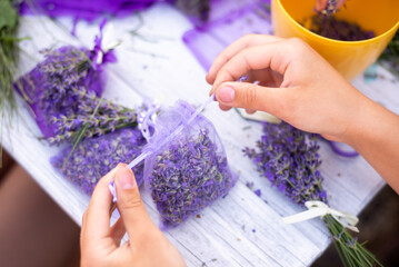Making sachets of lavender. Small bag to scent clothes to put it in wardrobe. Harvest of lavender