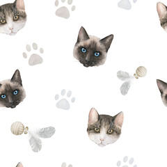 Seamless watercolor pattern with pastel paw prints, toys, cats' heads on white background