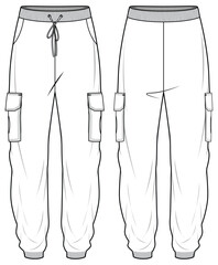 Knit Relaxed Fit Cargo Jogger, Winter Sweatpants With Cargo Pockets Front and Back View. Fashion Illustration, Vector, CAD, Technical Drawing, Flat Drawing, Template, Mockup	