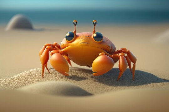 Cute Cartoon Crab on a Beach(Created with Generative AI)