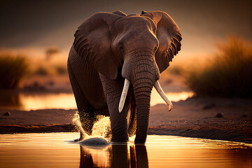Elephant at sunset, standing at the edge of a watering hole. Generative AI