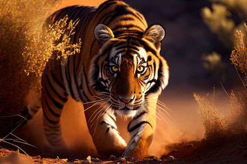 Portrait of a tiger, ready to spring forward in chasing of its prey. Generative AI
