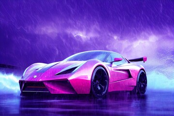 Obraz na płótnie Canvas purple digital art sports car speeding through a storm, splashing, water, rain, sports, motosports, dynamic,Beautiful illustration generated by Ai. Generative AI