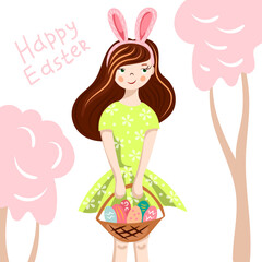 Happy Easter illustration. Girl with artificial bunny ears and a basket of Easter eggs.
