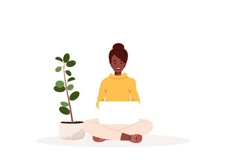 African American woman sitting cross-legged with a laptop working, studying or freelancing. Virtual office work concept.Vector illustration in flat style isolated on white background