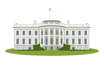 Vector graphics of the South side of the facade isolated in white background. White house Washington DC. Realistic illustration of a backyard.