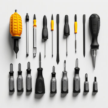 set of screwdrivers, Screwdriver, Mechanical Repair tools on white table texture, pop-up view, hero image, Banner, Mechanics, tool, electrical tool, set of tools, tool Screwdriver ,using Generative AI