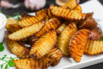 Baked potato slices on a dark background