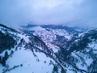 Aerial View of Woodlands, Blue Hour, Winter Day, in Giresun - Turkey