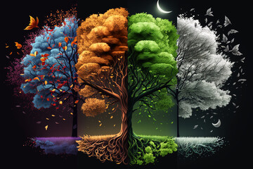 Four seasons of the year. The tree of the seasons. AI generation
