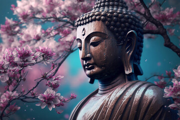 Buddha statue,  cherry blossom, Mediation and zen concept, religion, spiritual, pacific, generative ai