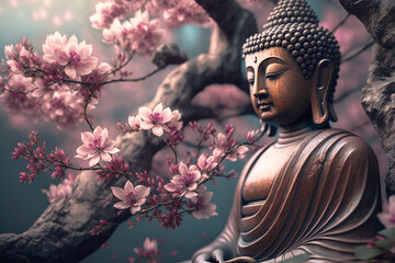 Buddha statue,  cherry blossom, Mediation and zen concept, religion, spiritual, pacific, generative ai