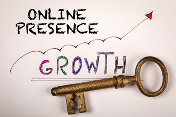 ONLINE PRESENCE. Growth concept. Golden key on a white background