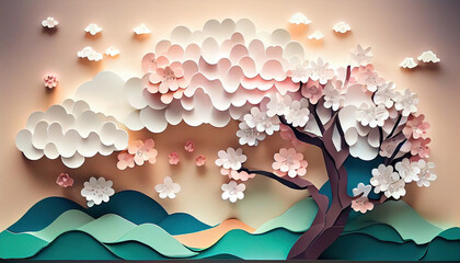The bright cherry blossom illustration with paper style. Generative AI.