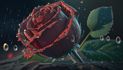 drops of water drip on a rose. Generative AI