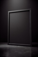 Empty black frame mockup on empty black wall, dark atmosphere. Generative AI.