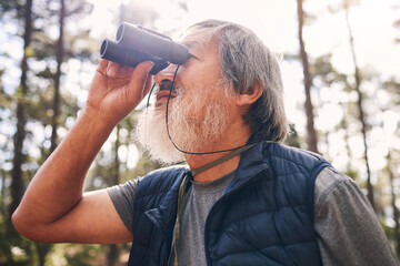 Hiking, binoculars and senior man in nature looking at view, sightseeing or watching. Binocular,...