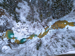 Drone Shot of Mavi Gol, Giresun - Turkey. Blue Lake Is Turquoise with the Effect of Lime Stones and Soda Water. © klenger