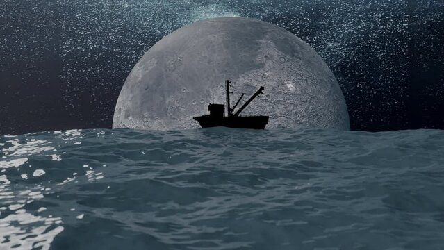 Cinemagraph of fishing boat silhouette in the ocean against huge moon and stars. Fantasy 3d render seamless looping.