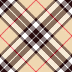 Plaid pattern Thomson tartan in beige, red, white, brown. Seamless diagonal Scottish tartan check vector for spring summer autumn winter blanket, tablecloth, scarf, other modern holiday fabric print.