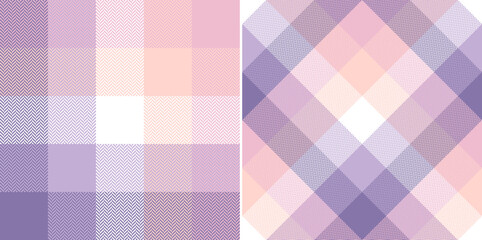 Abstract plaid pattern in lilac, powder pink, white. Seamless herringbone buffalo check tartan set for scarf, pyjamas, flannel shirt, other modern spring summer autumn winter holiday fabric print.