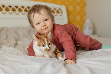 A small cute child gently embraces a red fluffy cat. Lovely pet. The concept of caring for a pet and children's love for animals.