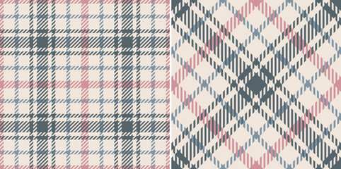 Plaid pattern for dress, flannel shirt, skirt, jacket, pyjamas, scarf. Seamless small tartan check vector set in pink, grey, beige for spring summer autumn winter modern holiday fashion textile print.