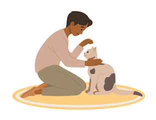 Boy sits on the carpet with cat. Owner is stroking pet. Vector illustration.