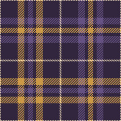 Plaid pattern in purple and gold for Halloween designs. Seamless tartan check plaid background vector graphic for autumn flannel shirt, pyjamas, blanket, duvet cover, other fashion textile print.