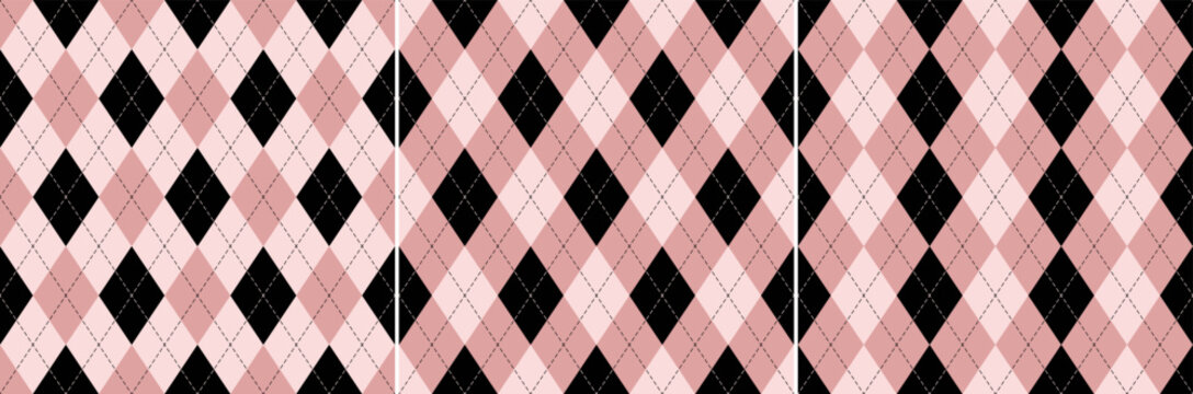 Argyle pattern in black and powder pink for Valentines Day. Seamless geometric vector set for gift card, gift paper, socks, jumper, other modern spring autumn winter fashion textile or paper design.