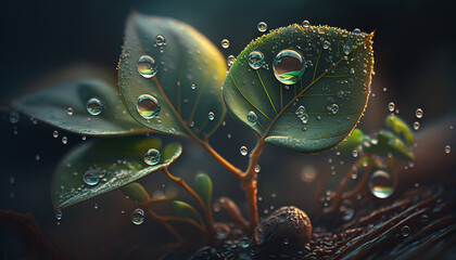 drops of water drip on the seedlings. Generative AI