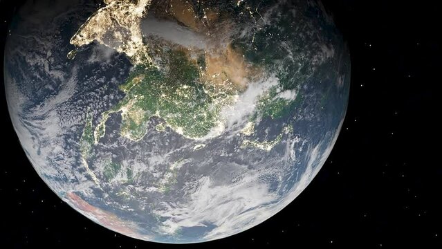 Earth viewed from space with focus on Asia. Detailed 3D render against dark starry night sky