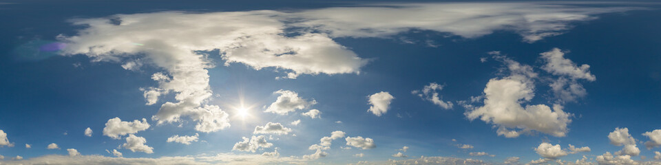 Blue sky panorama with puffy Cumulus clouds. Seamless hdr pano in spherical equirectangular format....