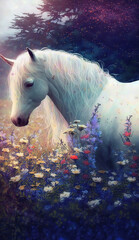 Obraz na płótnie Canvas Unicorn in a field of flowers. Generative AI.