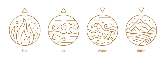 Four elements of nature golden alchemical symbols set. Water, fire, earth, air golden sacred magic signs thin line vector illustration on white background