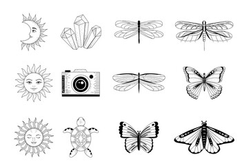 Boho vector collection of magic line art. Dragonfly, butterfly, moon, sun, crystals and camera. Vector illustration.