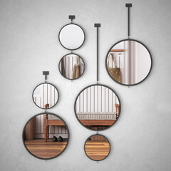 Round mirrors hanging on the wall reflecting interior design scene, minimalist scandinavian hallway with bench, modern architecture concept idea
