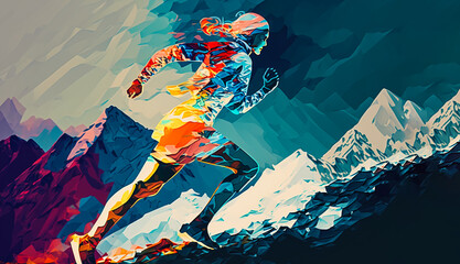 Fototapeta na wymiar Abstract art. Colorful painting art of a woman running up a winter snow mountain. Endurance or motivation concept. Generative AI.