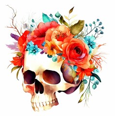Skull in flowers watercolor hand drawn illustration