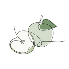 Cut apples with leaf vector. Line continuous hand drawn illustration. Garden fruit outline icon, abstract linear silhouette. Minimal design, print, banner, card, brochure, logo, menu.