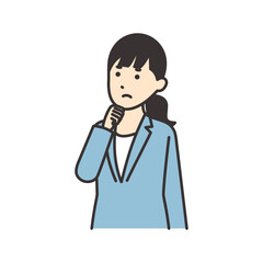 顎に拳をあてて悩むビジネスウーマンのイラスト素材