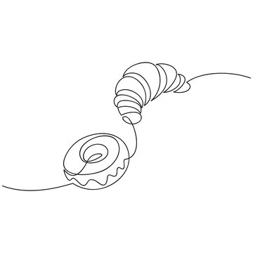 recommend clip art: Desserts set vector. French croissant, piece of cake, doughnut one line continuous drawing. Hand drawn linear icon. Outline design, print, banner, card, wall art poster, brochure, menu, product logo.