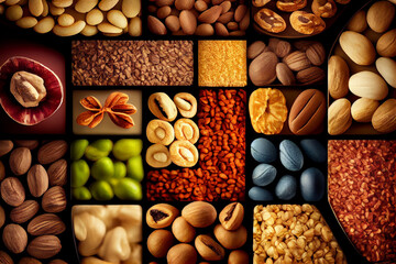 Nuts collage, different colorful nuts backgrounds