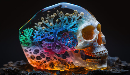 Multicolored fungus forms a skull, several layers of soft multi colored, translucent. Generative AI.