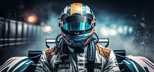 Fototapete F1 formula one racing driver before start of competition on track. Banner with copy space, digital ai art 