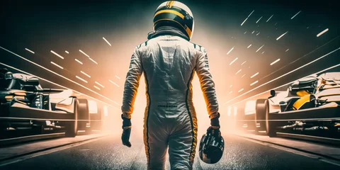 Poster formula one racing driver before start of competition on track. Banner with copy space, digital ai art  © Viks_jin