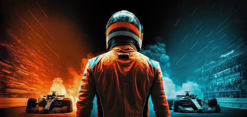 Formula one driver stands watching rivals on the track. Banner with copy space, digital art ai 