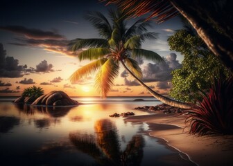 Fototapeta na wymiar Tropical exotic beach with palm tree. AI generated