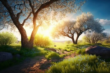 Plakat Beautiful spring landscape. Nature background. AI generated