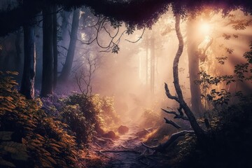 Fantasy night forest. Fairy tale atmosphere. AI generated
